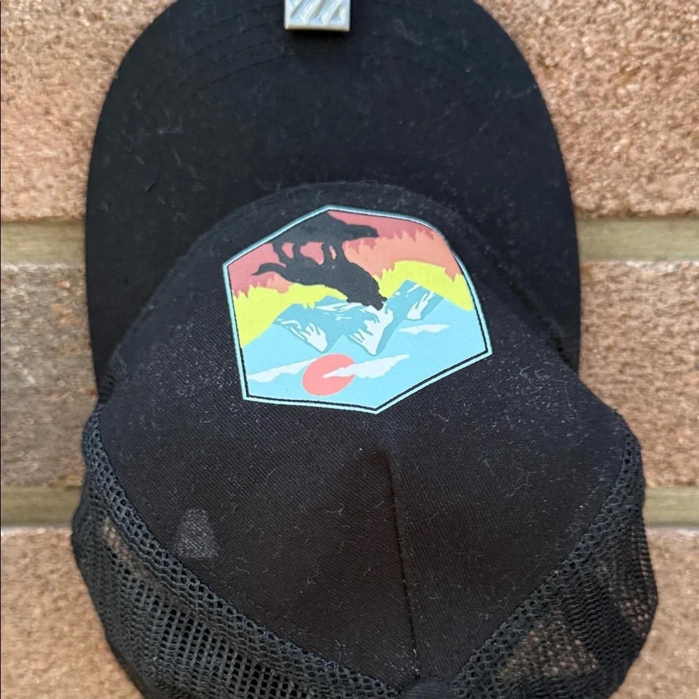 Fabkids Black Mesh Trucker Hats with Colorful Patch Of a Wolf Against a Sunset